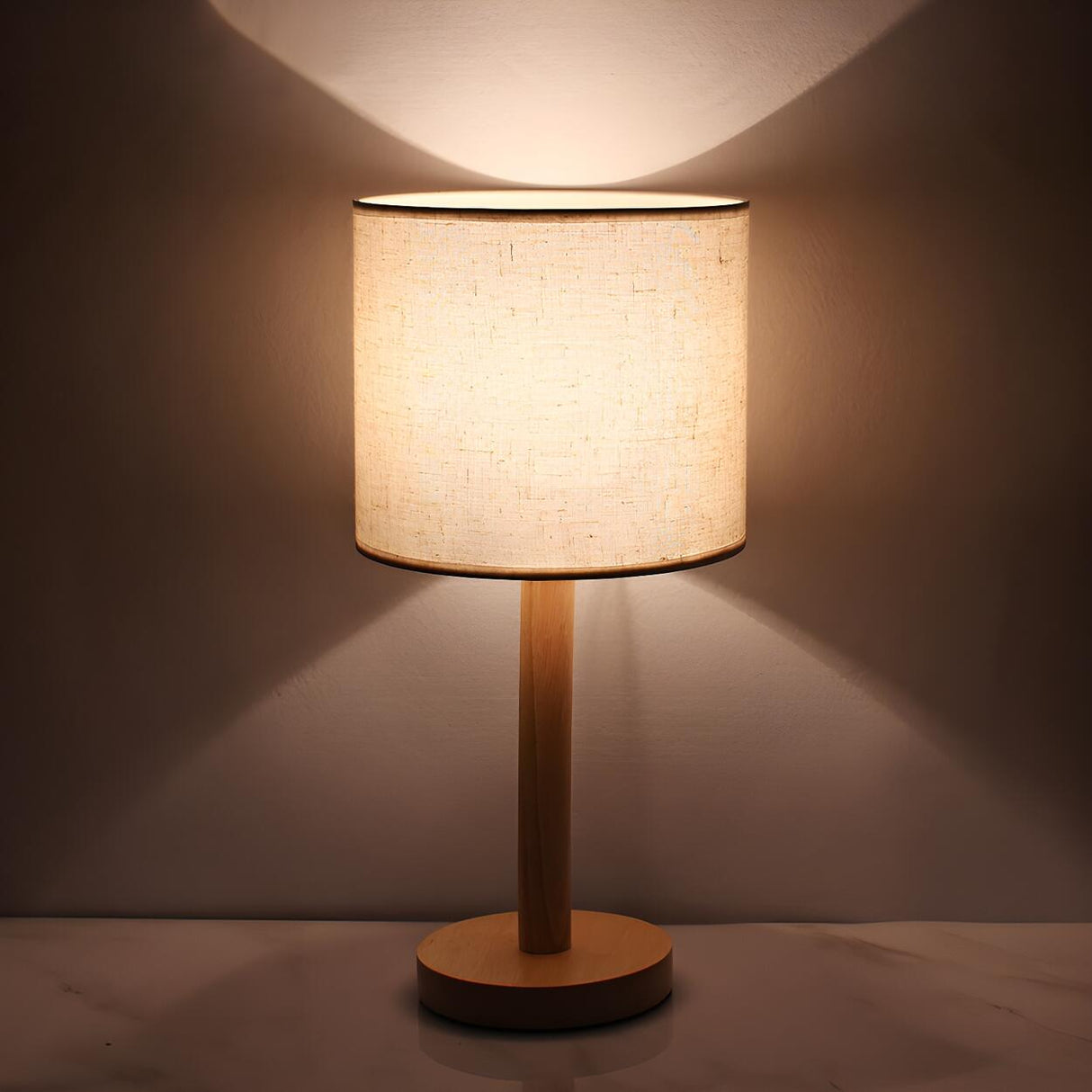 Minimalist Fabric Shade Wood Base Cylinder Table Lamp Image - 7