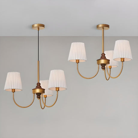 Minimalist Geometric Brass Pleated Fabric Drum Chandelier Image - 2