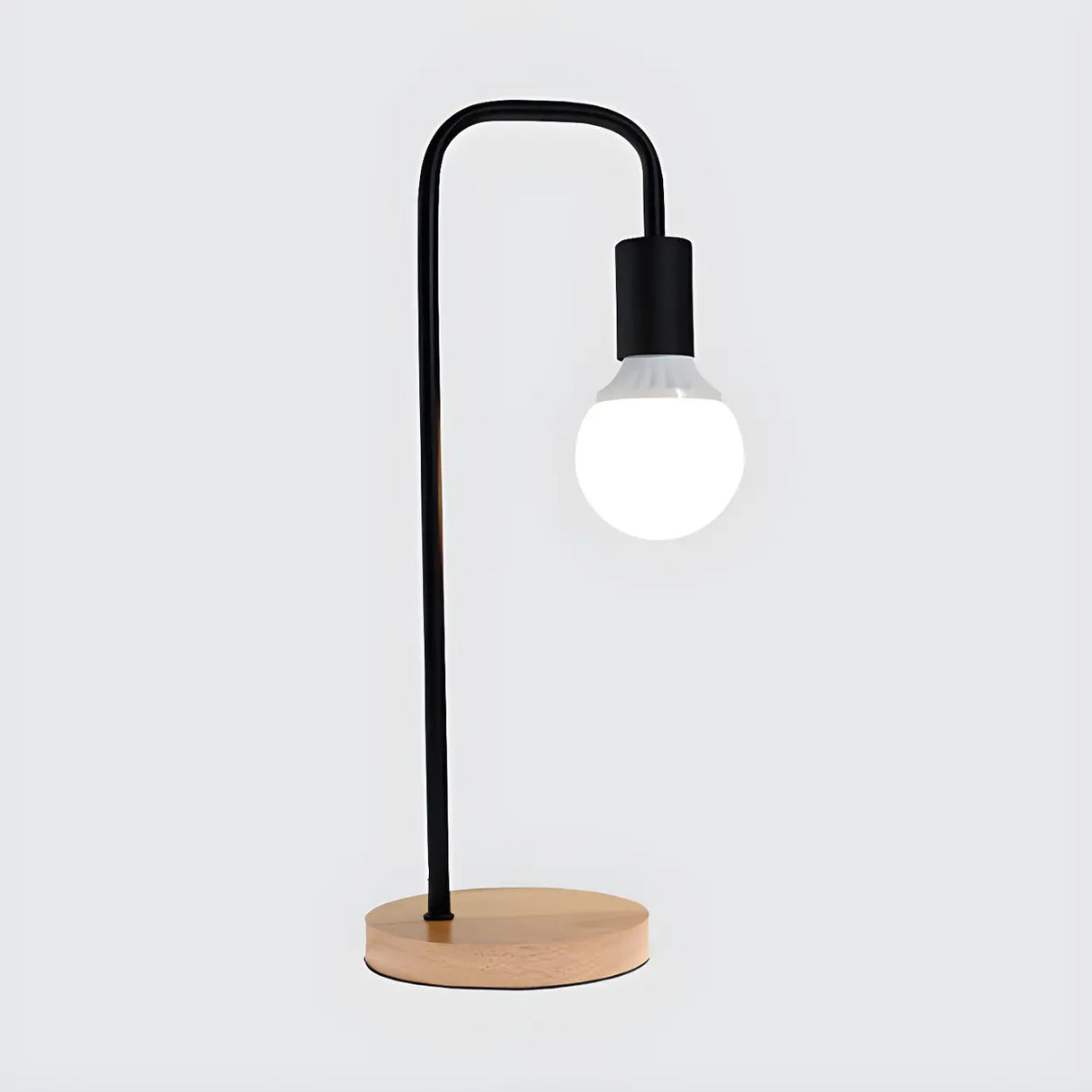 Minimalist Globe Shade Wood Base Black Metal Table Lamp Image - 8