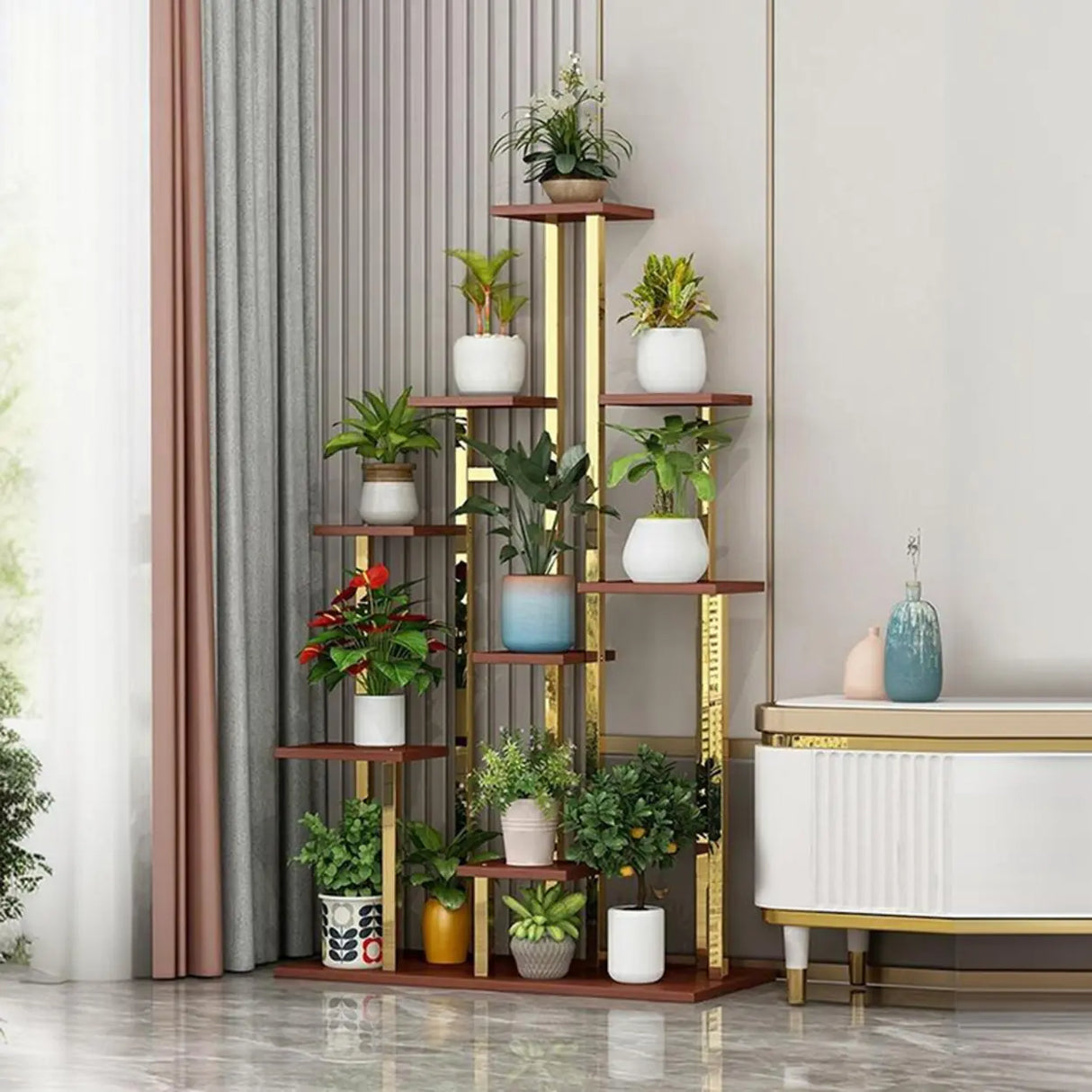 Minimalist Gold Solid Wood Multi-Tier Floor Plant Stand Image - 3