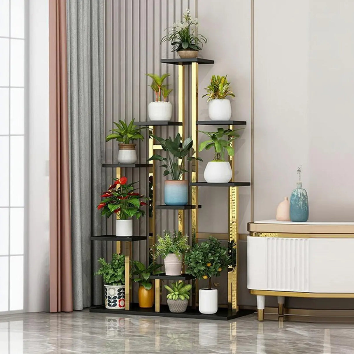 Minimalist Gold Solid Wood Multi-Tier Floor Plant Stand Image - 5