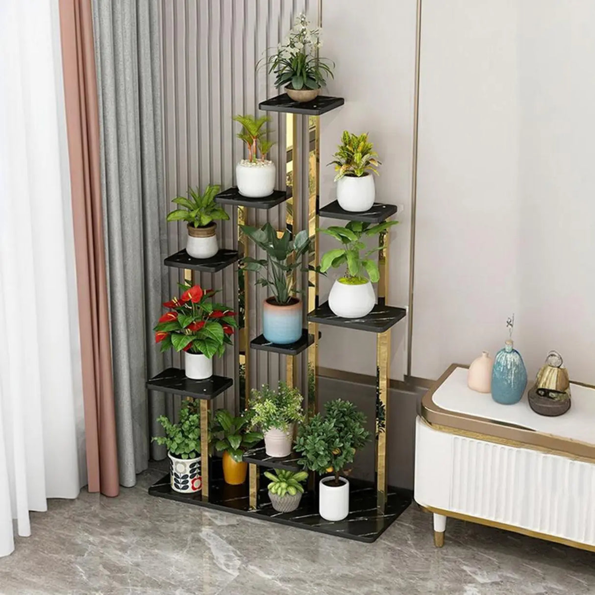 Minimalist Gold Solid Wood Multi-Tier Floor Plant Stand Image - 7