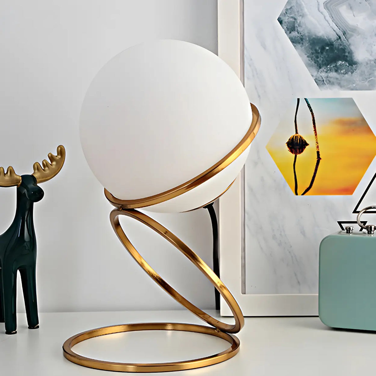 Minimalist Golden Ring Milky Glass Globe Table Lamp Image - 1