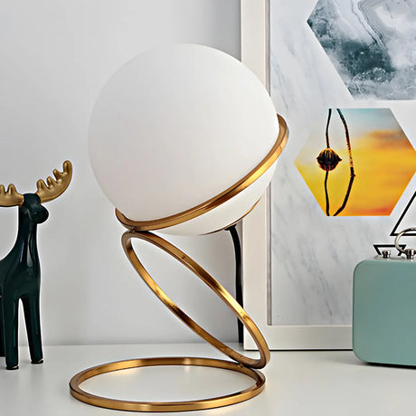 Minimalist Golden Ring Milky Glass Globe Table Lamp Image - 1