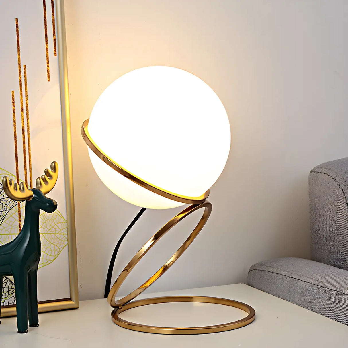 Minimalist Golden Ring Milky Glass Globe Table Lamp Image - 3