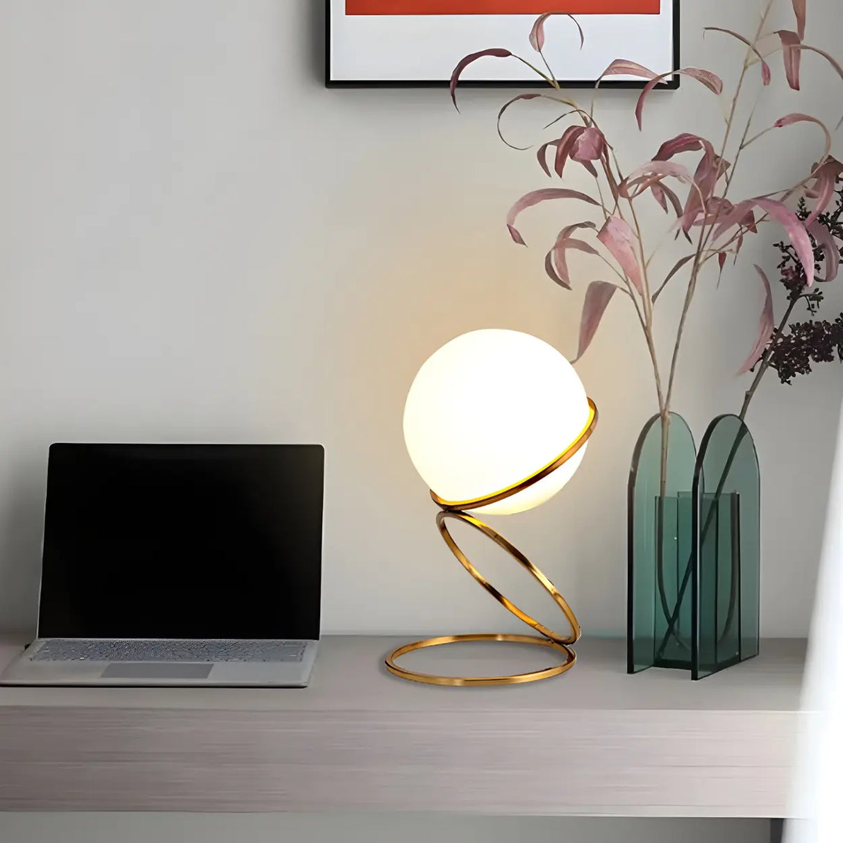 Minimalist Golden Ring Milky Glass Globe Table Lamp Image - 5