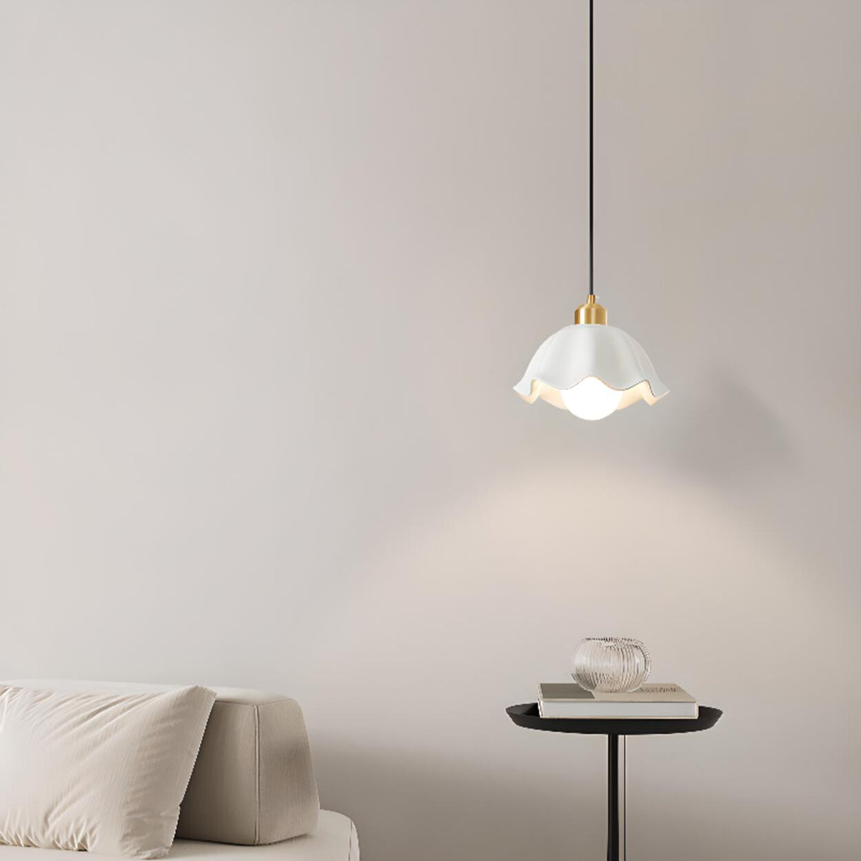 Minimalist Hemispherical White Scalloped Dome Pendant Light Image - 5