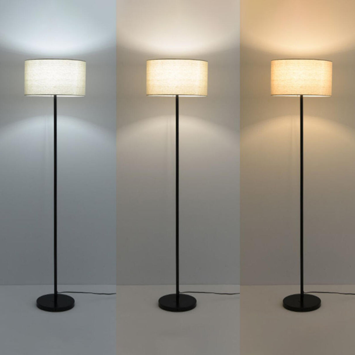 Minimalist Linen Drum Black Metal LED Floor Lamp Image - 13