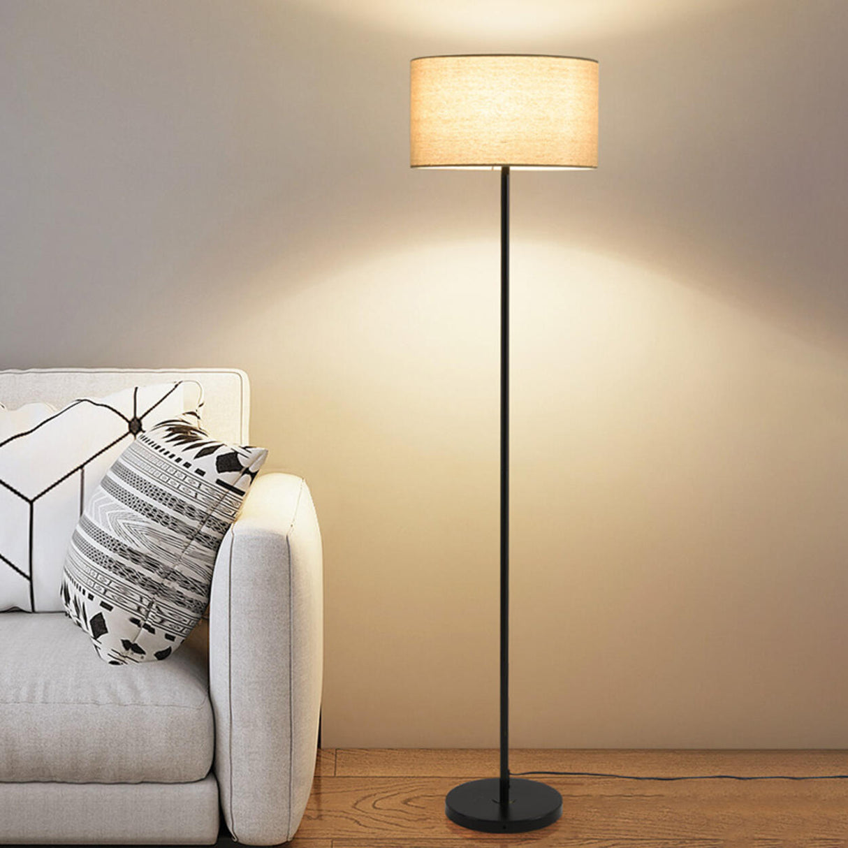 Minimalist Linen Drum Black Metal LED Floor Lamp Image - 14