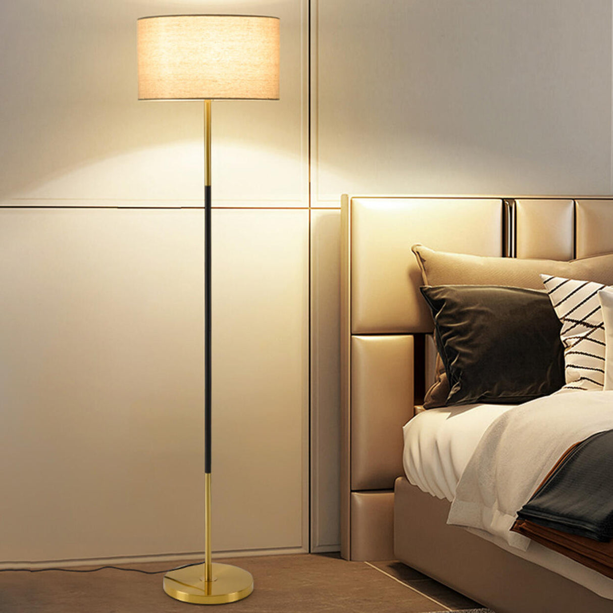 Minimalist Linen Drum Black Metal LED Floor Lamp Image - 3