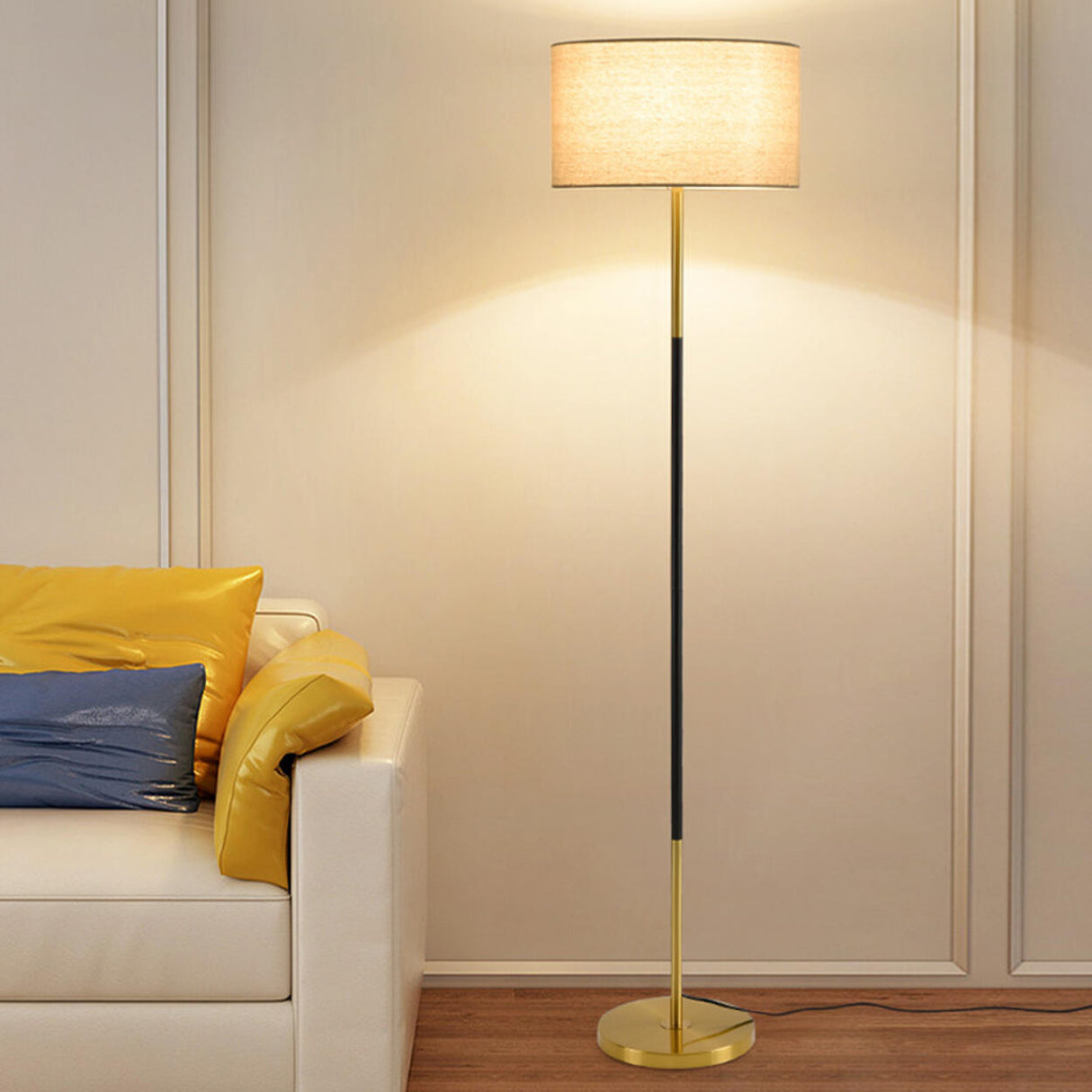 Minimalist Linen Drum Black Metal LED Floor Lamp Image - 6