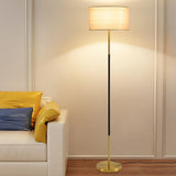 Minimalist Linen Drum Black Metal LED Floor Lamp Image - 6