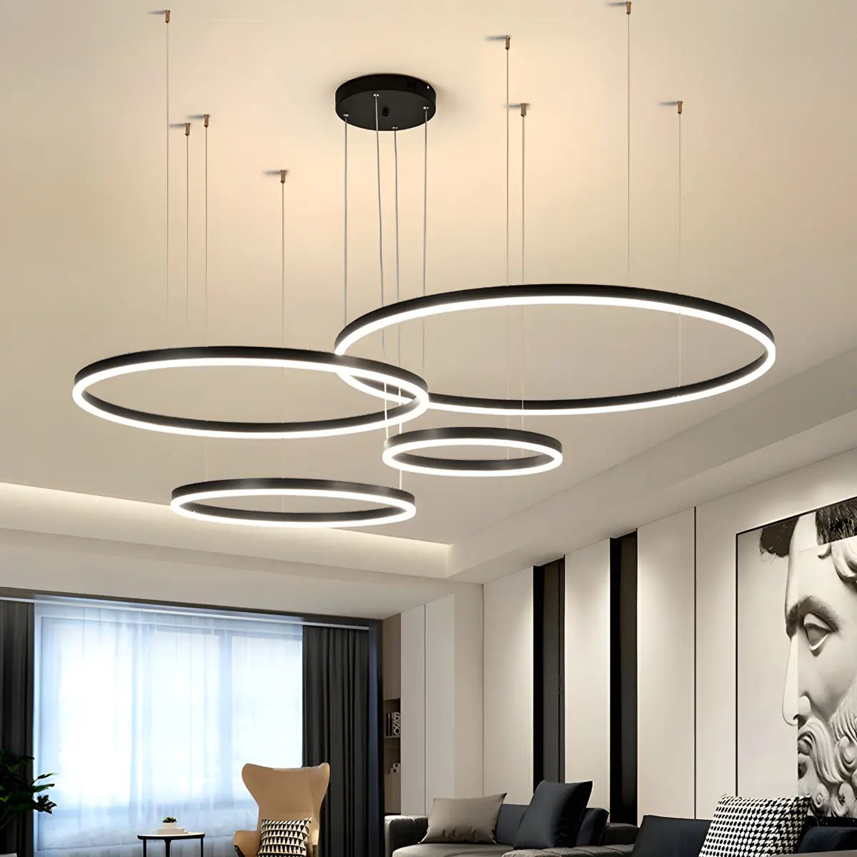 Minimalist Living Room Black Circle LED Haning Chandelier Image - 1