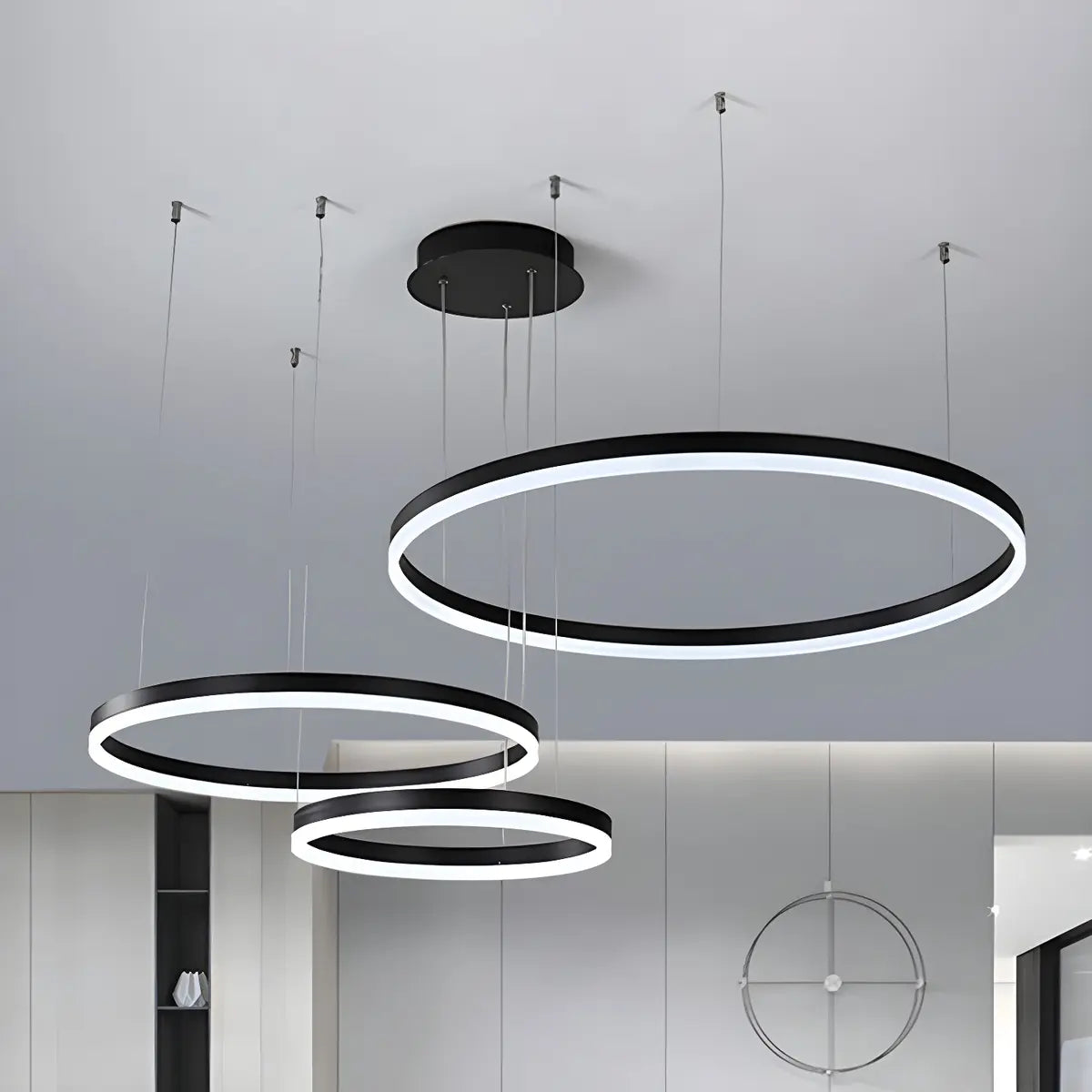 Minimalist Living Room Black Circle LED Haning Chandelier Image - 2