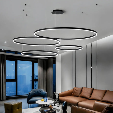 Minimalist Living Room Black Circle LED Haning Chandelier Image - 11