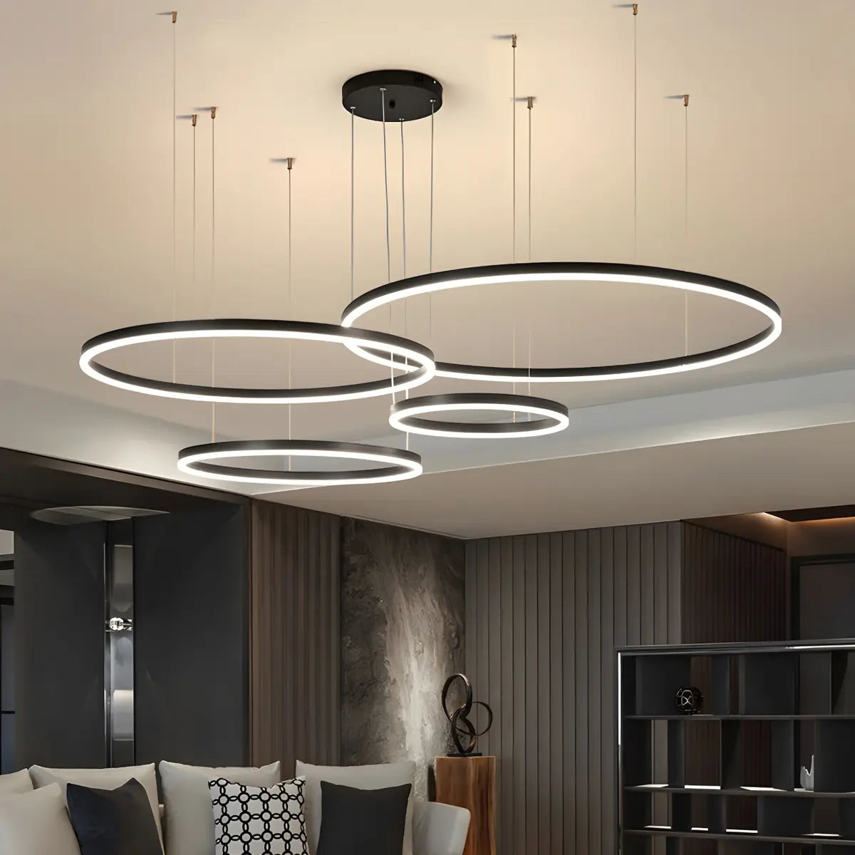 Minimalist Living Room Black Circle LED Haning Chandelier Image - 4