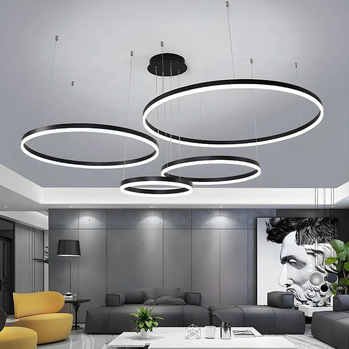 Minimalist Living Room Black Circle LED Haning Chandelier Image - 13