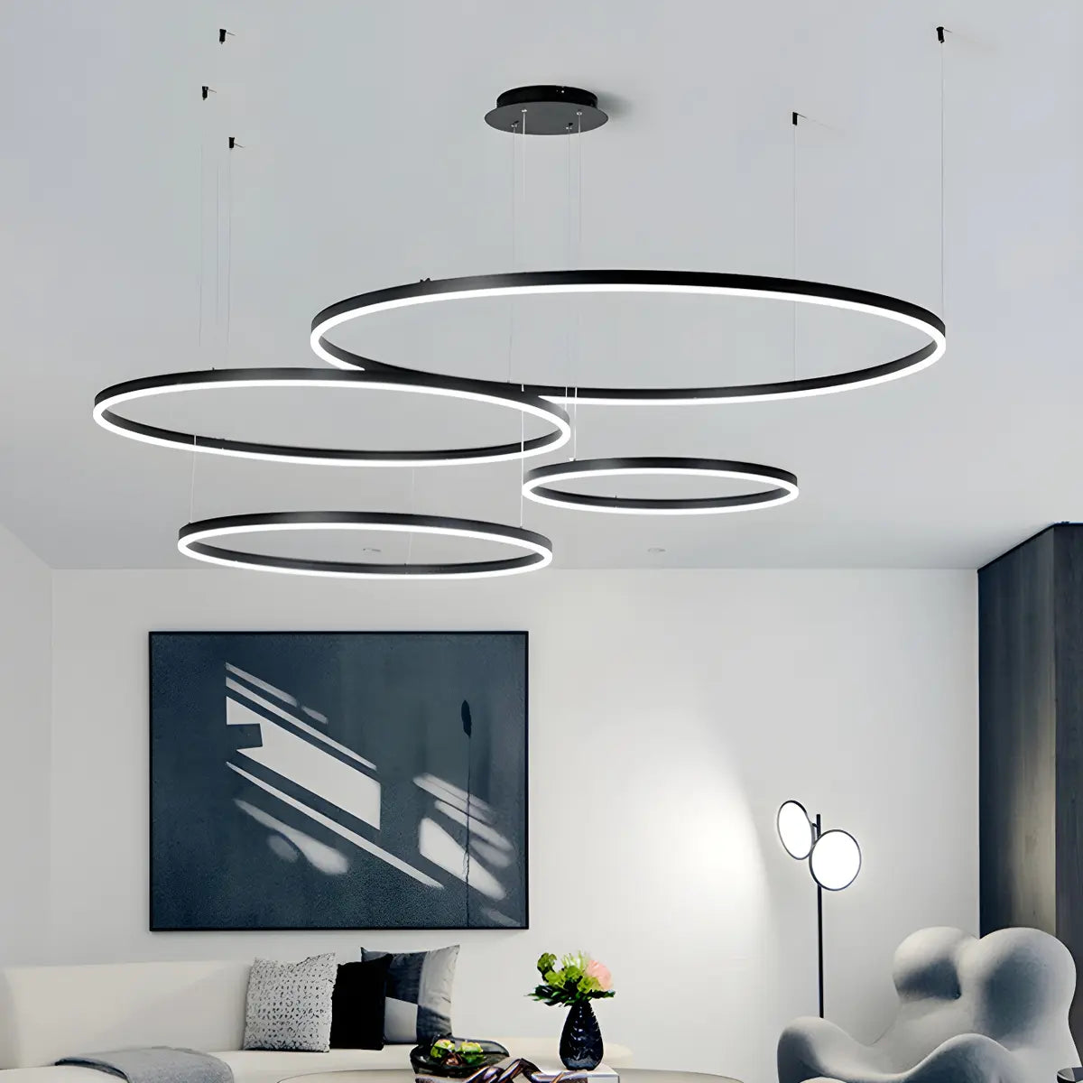 Minimalist Living Room Black Circle LED Haning Chandelier Image - 5