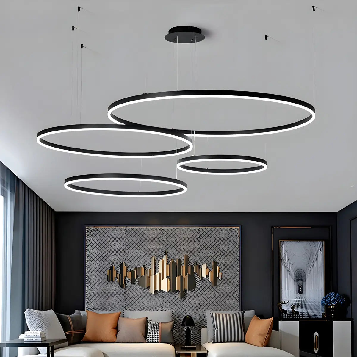 Minimalist Living Room Black Circle LED Haning Chandelier Image - 15