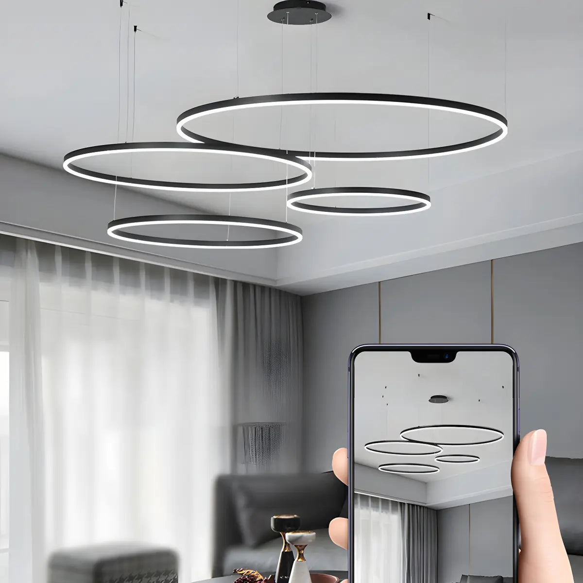 Minimalist Living Room Black Circle LED Haning Chandelier Image - 17