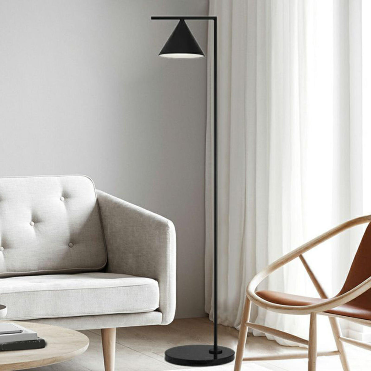 Minimalist Marble Base and Cone Shade Floor Lamp Image - 5