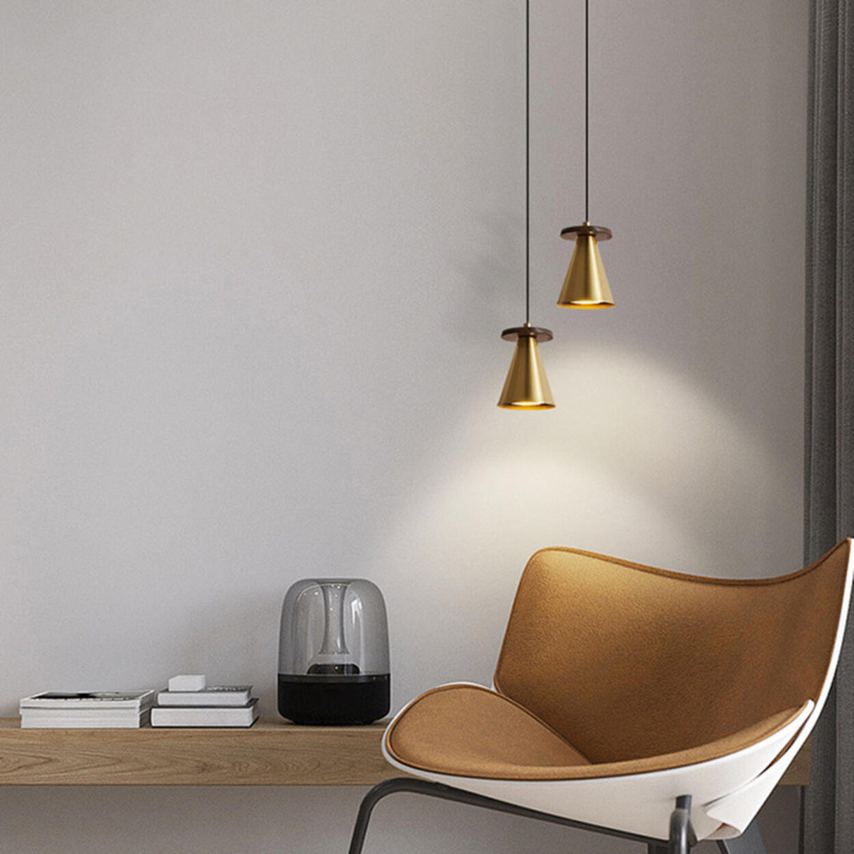 Minimalist Metal Brass Cone Pendant Light Bedroom Image - 13