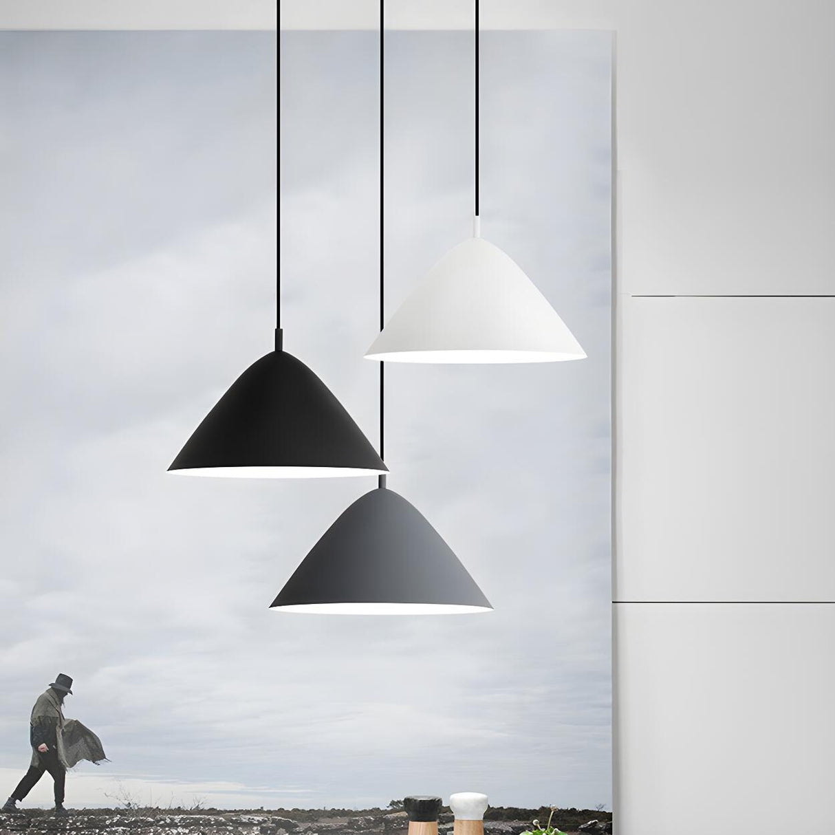 Minimalist Metal Cone Hanging Grey Pendant Light Image - 1