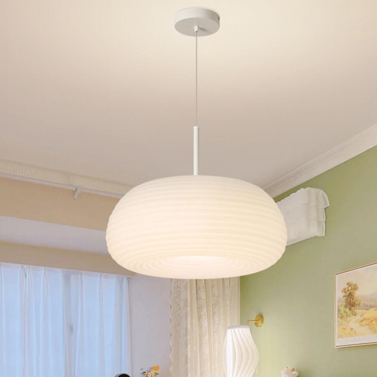 Minimalist Modern LED White Resin Drum Pendant Light Image - 6