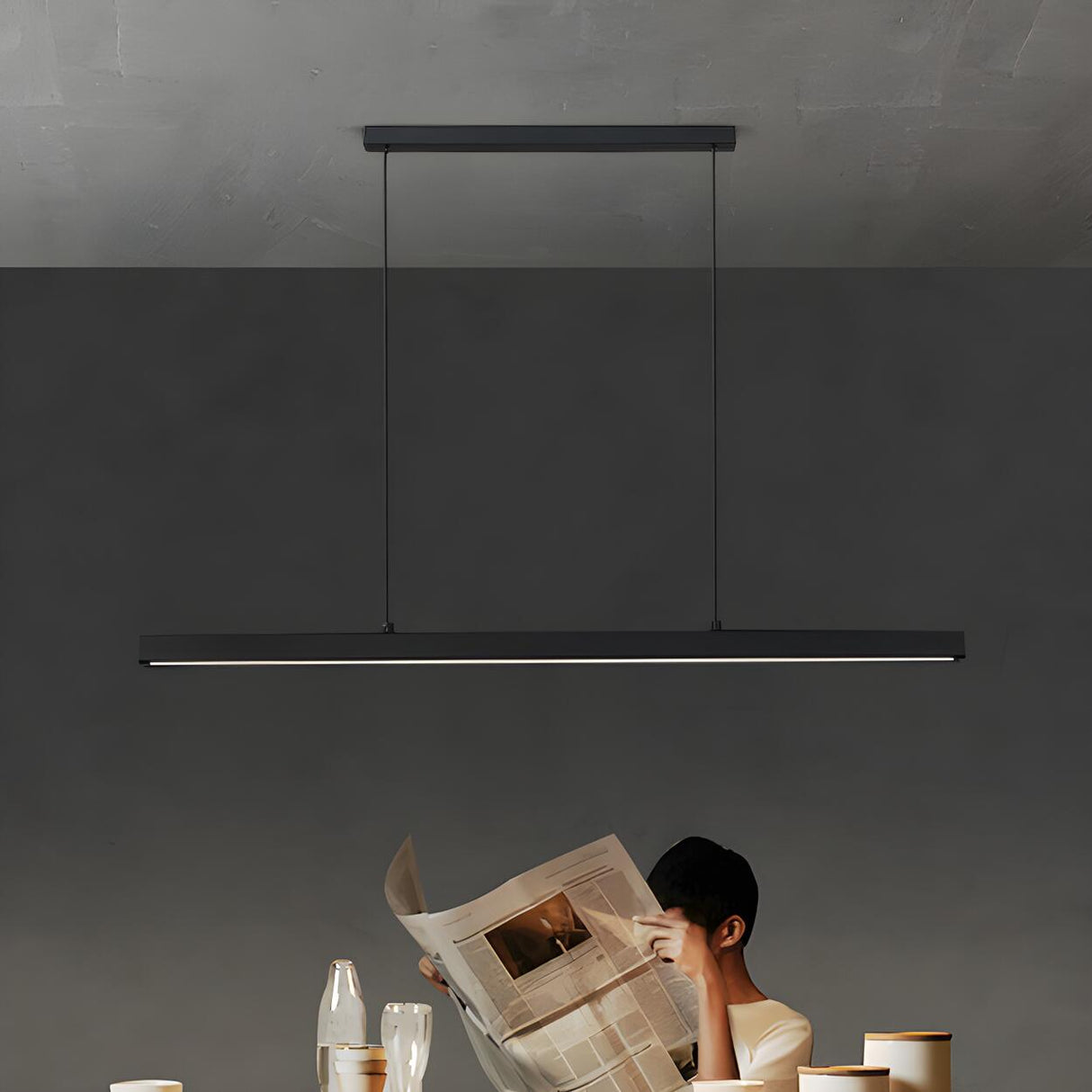 Minimalist Modern Linear Black LED Island Pendant Light Image - 14