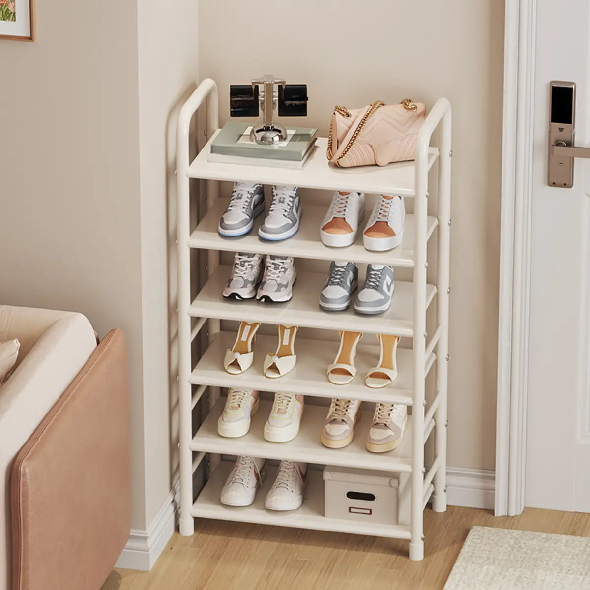 Minimalist Multi-Tier Metal Entryway Open White Shoe Rack Image - 1