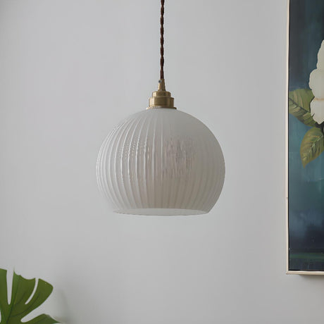 Minimalist Opal Ribbed Glass Globe Pendant Light Image - 2