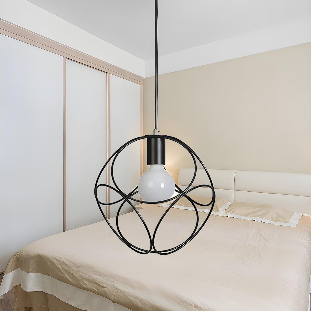 Minimalist Pink Metal Globe Wire Frame Bedroom Pendant Light Image - 2