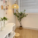 Minimalist Rattan Dome Shade Beige LED Floor Lamp Image - 3