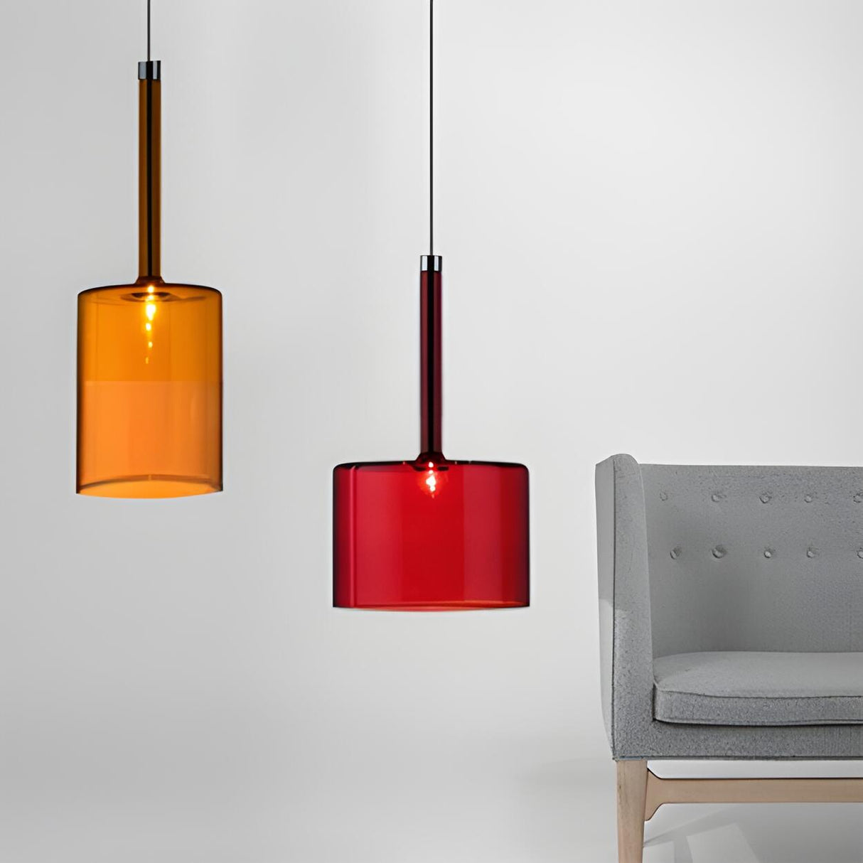 Minimalist Red Glass Cylinder Pendant Light Trio Set Image - 6