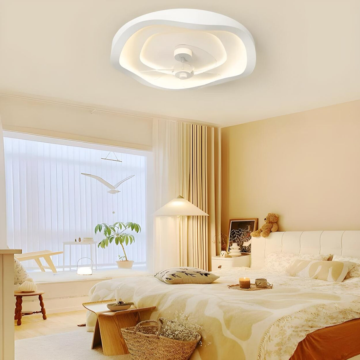 Minimalist Round White Wave Ceiling Fan with LED Light Image - 13