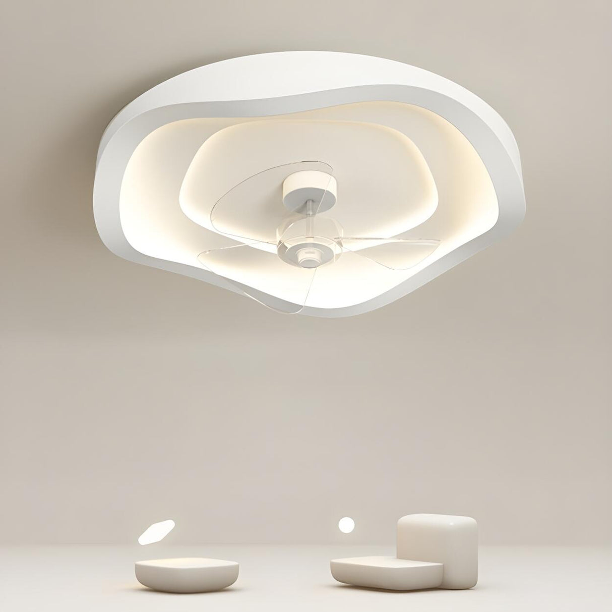 Minimalist Round White Wave Ceiling Fan with LED Light Image - 16