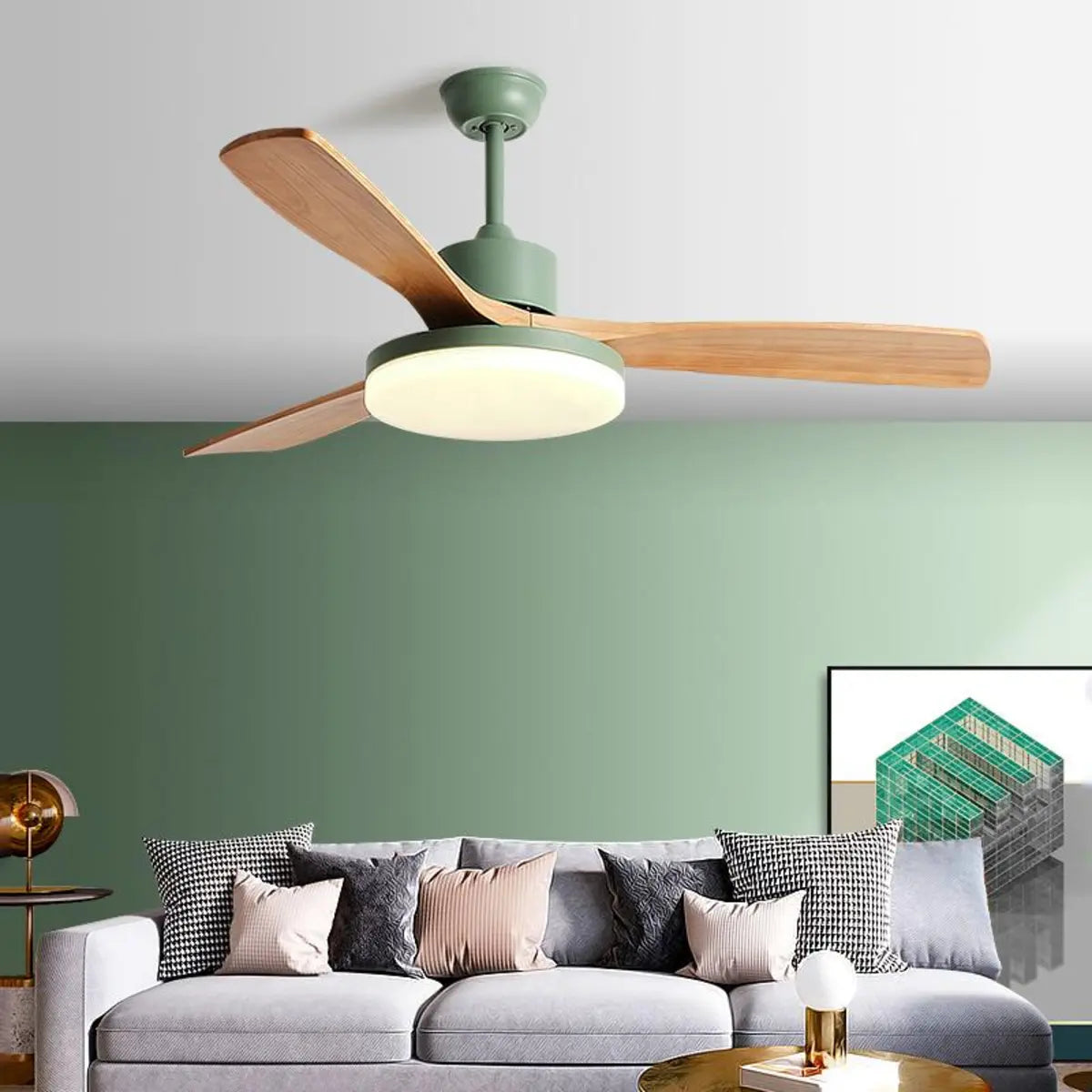 Solid Wood 3 Blade Minimalist Ceiling Fan with Light Image - 1