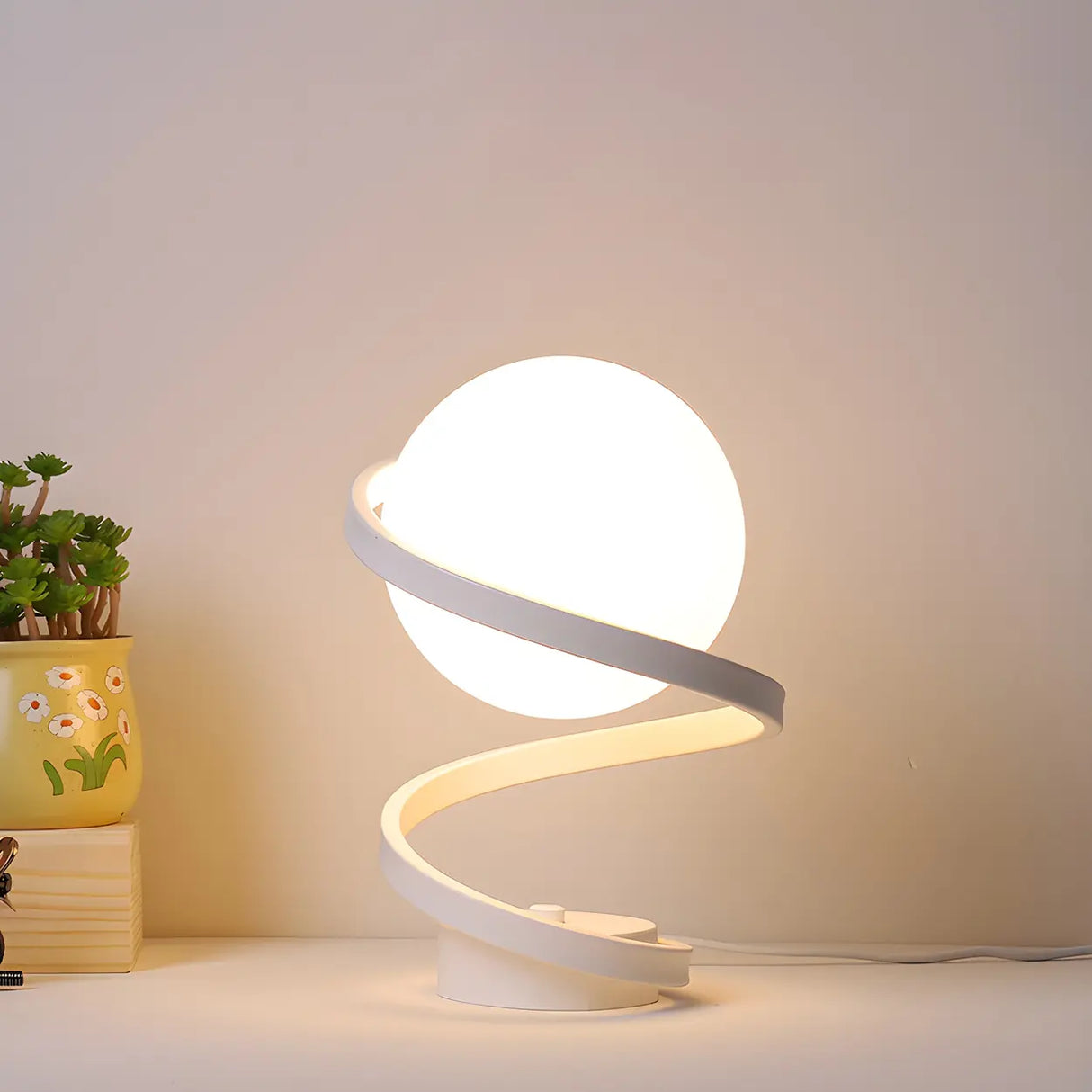 Minimalist Spiral Base White Glass Globe Table Lamp Image - 3