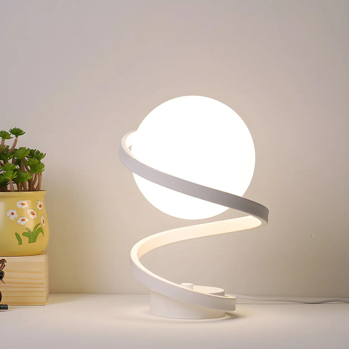 Minimalist Spiral Base White Glass Globe Table Lamp Image - 5