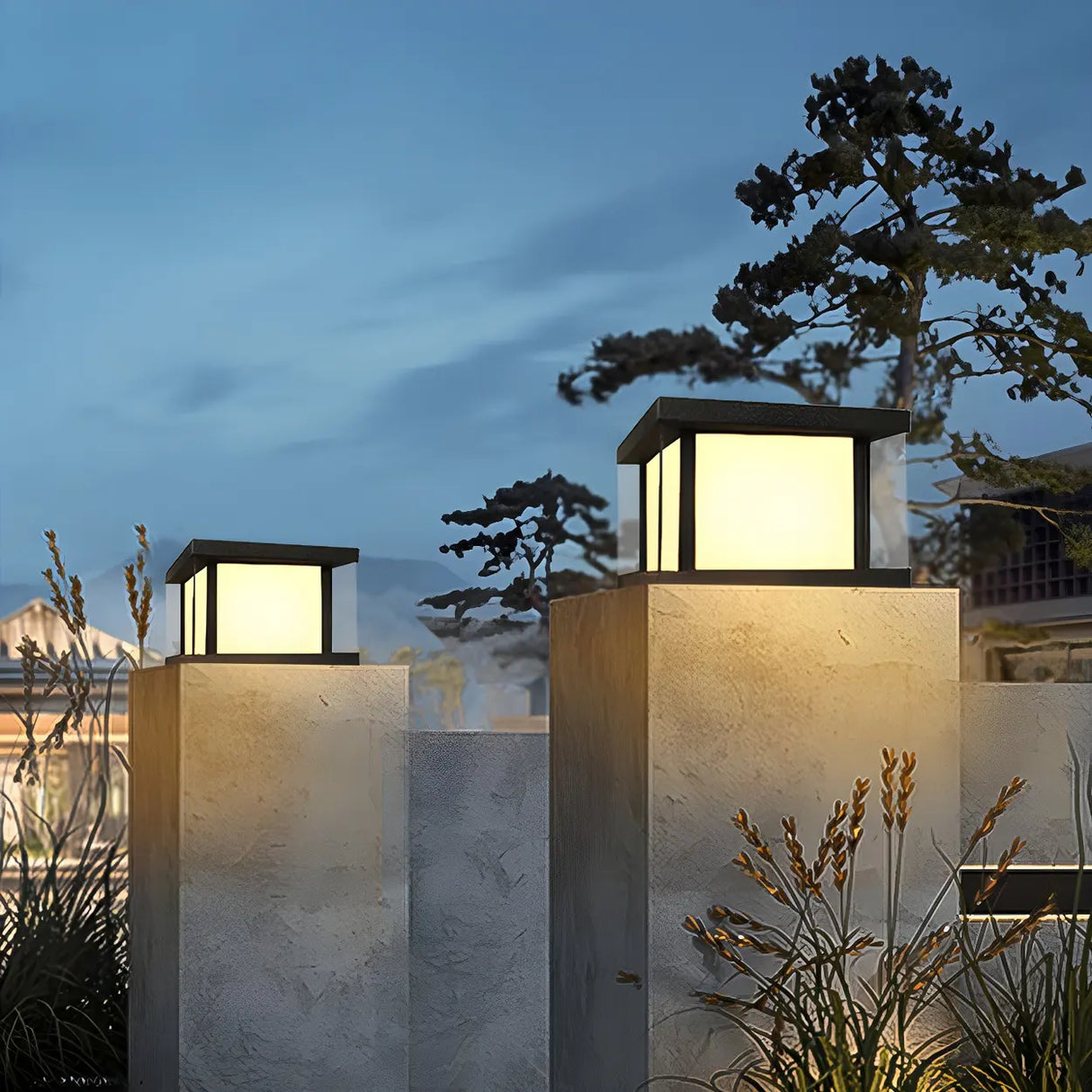 Minimalist Square Cube Metal Outdoor Post Table Lamp Image - 4