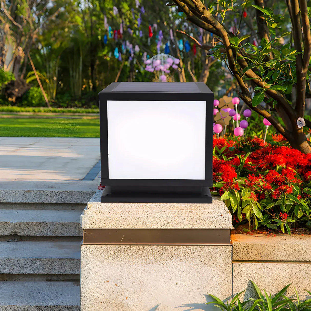 Minimalist Square Metal Solar Outdoor Post Light Black Image - 11