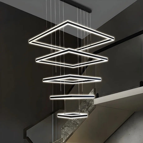 Minimalist Square Tiered Acrylic Stairwell Black Chandelier Image - 1