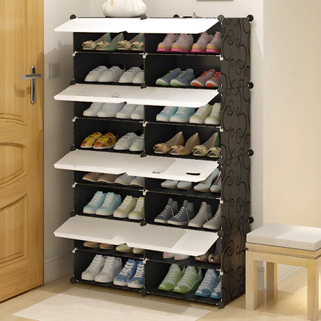 Minimalist Tall Fabric Shoe Cabinet Black Organizer Image - 1