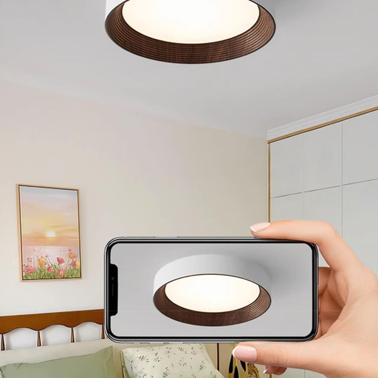 Minimalist Walnut Round Flush Mount Ceiling Light Image - 18