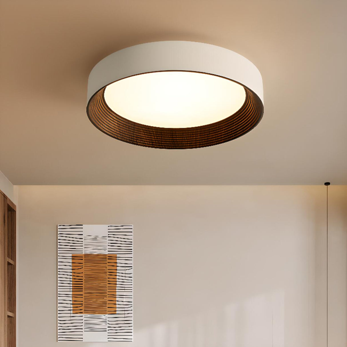 Minimalist Walnut Round Flush Mount Ceiling Light Image - 2