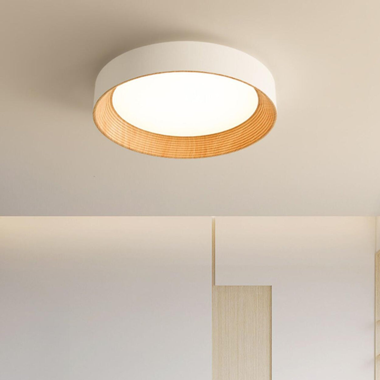 Minimalist Walnut Round Flush Mount Ceiling Light Image - 4