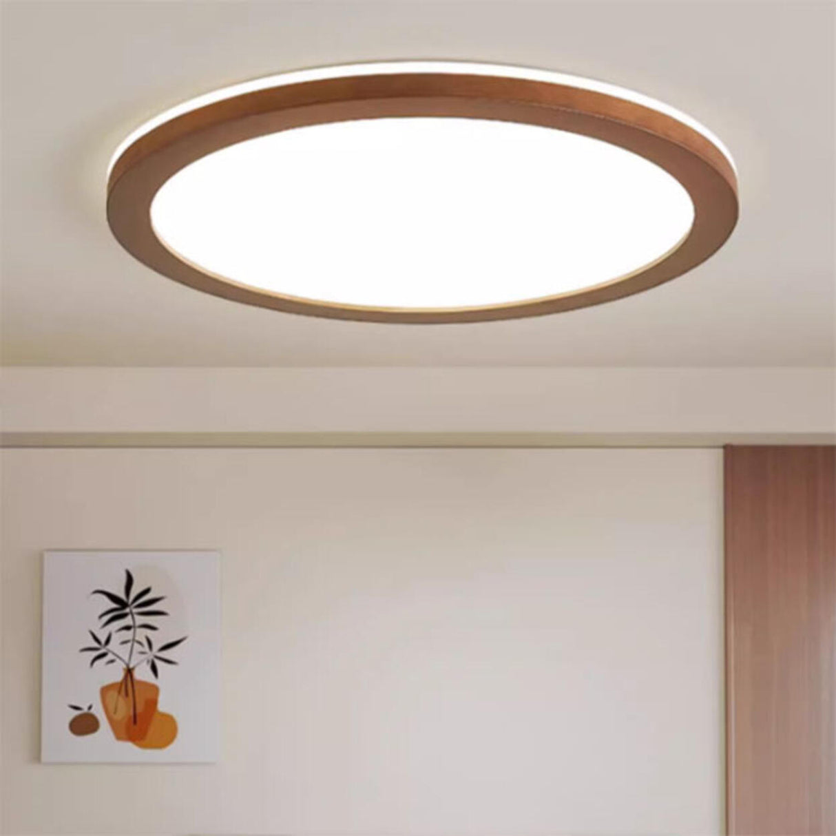 Minimalist Walnut Wood Circle Flush Mount Ceiling Light Image - 1