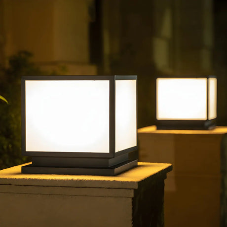 Minimalist White Cube Metal Outdoor Post Table Lamp Image - 1