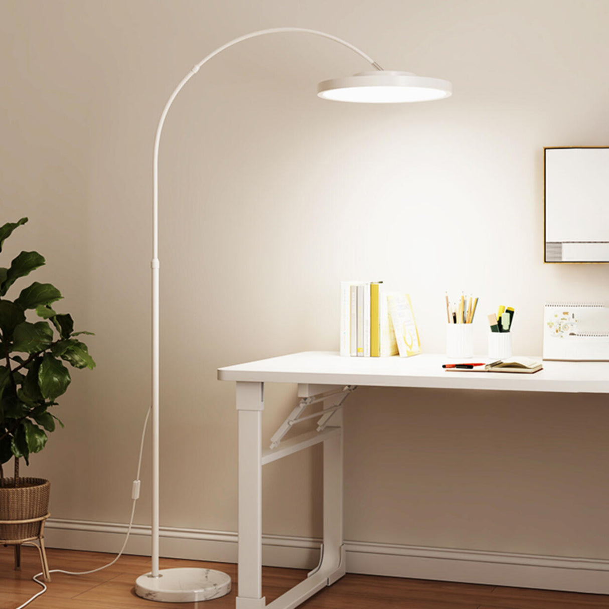 Minimalist White Disc Floor Lamp with Rocker Switch Image - 3