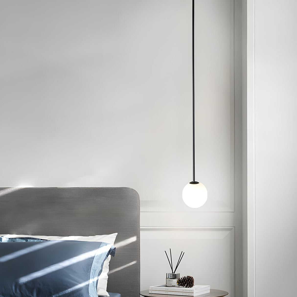 Minimalist White Glass Ball Bedroom LED Pendant Light Image - 1